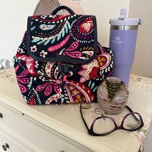 Vera Bradley Pink and Navy Drawstring Quilted Backpack